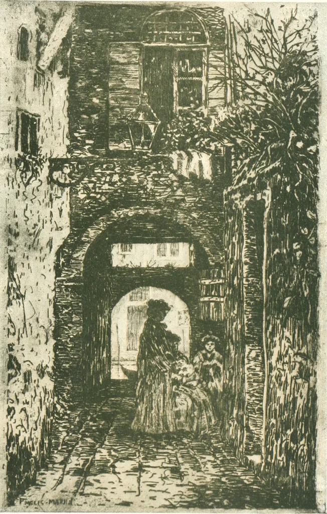 An illustration from Acquafortisti italiani; reccolta di acqueforti, acquetine, puntesecche, maniera nera, di 150 artisti. Acquafortistes italiens; recueil de eauxfortes, acqua-tintas, pointes-sèches, façon noire, de 150 artistes, 1922, leaf 46