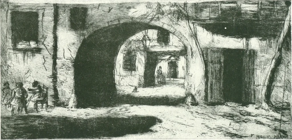 An illustration from Acquafortisti italiani; reccolta di acqueforti, acquetine, puntesecche, maniera nera, di 150 artisti. Acquafortistes italiens; recueil de eauxfortes, acqua-tintas, pointes-sèches, façon noire, de 150 artistes, 1922, leaf 48