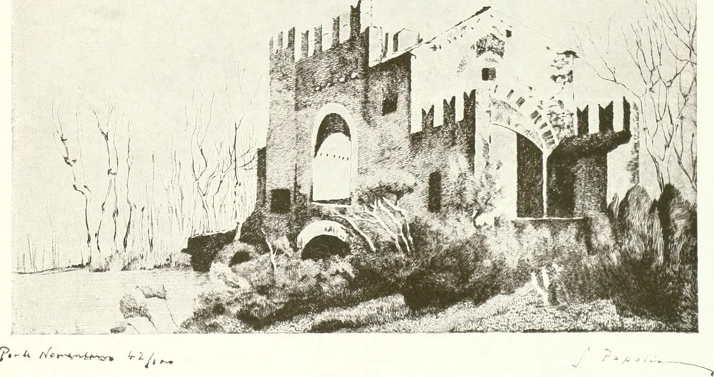 An illustration from Acquafortisti italiani; reccolta di acqueforti, acquetine, puntesecche, maniera nera, di 150 artisti. Acquafortistes italiens; recueil de eauxfortes, acqua-tintas, pointes-sèches, façon noire, de 150 artistes, 1922, leaf 74