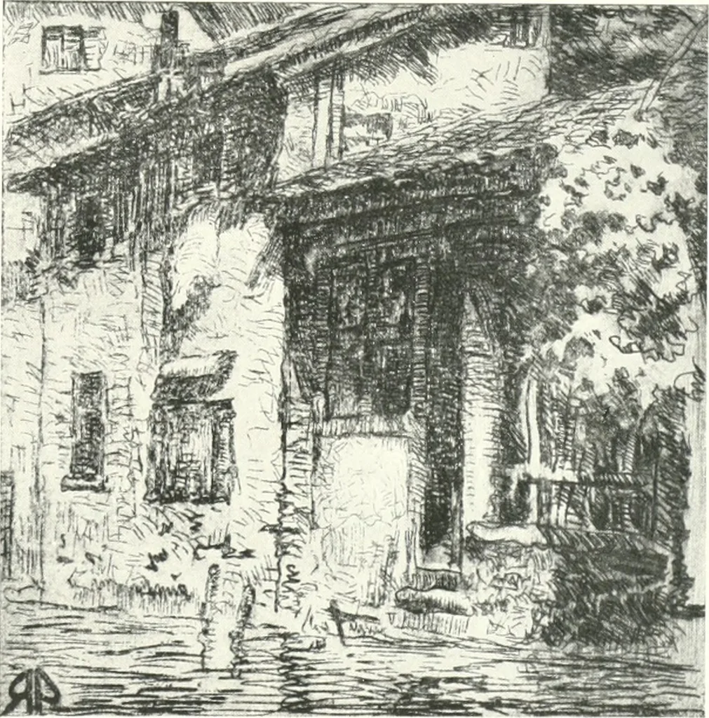 An illustration from Acquafortisti italiani; reccolta di acqueforti, acquetine, puntesecche, maniera nera, di 150 artisti. Acquafortistes italiens; recueil de eauxfortes, acqua-tintas, pointes-sèches, façon noire, de 150 artistes, 1922, leaf 94