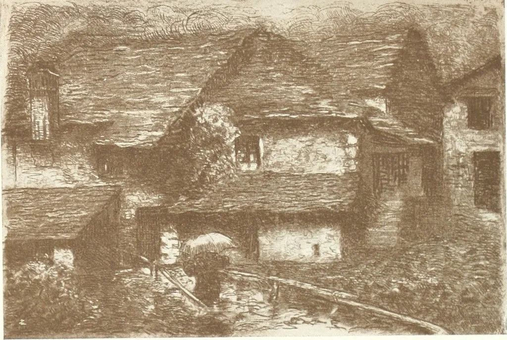 An illustration from Acquafortisti italiani; reccolta di acqueforti, acquetine, puntesecche, maniera nera, di 150 artisti. Acquafortistes italiens; recueil de eauxfortes, acqua-tintas, pointes-sèches, façon noire, de 150 artistes, 1922, leaf 96