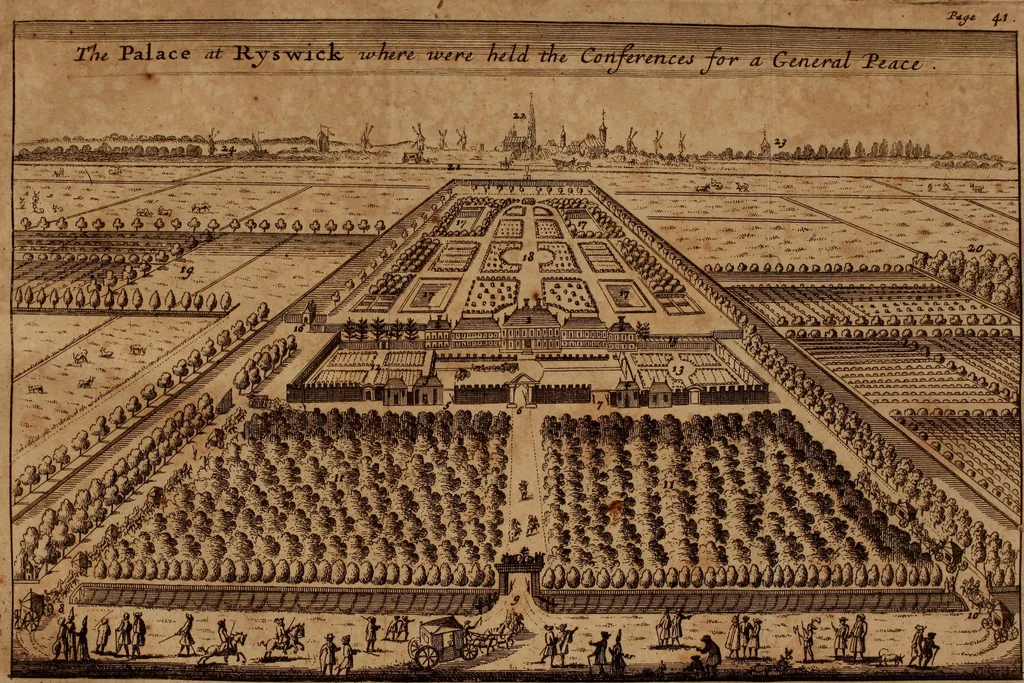 An illustration from The acts and negotiations, together with the particular articles at large, of the general peace, concluded at Ryswick, by the most illustrious confederates with the French king : to which is premised, the negotiations and articles of the peace, concluded at Turin, between the same prince and the Duke of Savoy, 1698, leaf 58