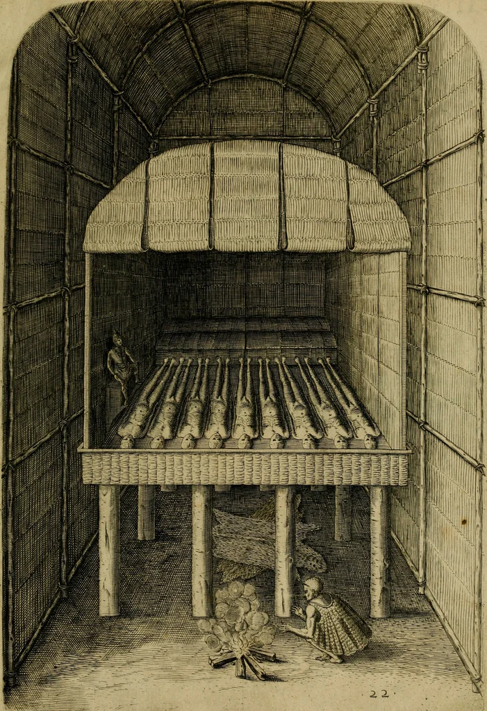 An illustration from Admiranda narratio fida tamen, de commodis et incolarvm ritibvs Virginiæ : nvper admodvm ab Anglis, qvi à Dn. Richardo Greinvile equestris ordinis viro eò in coloniam anno M.D. LXXXV. dedvcti svnt inventæ, svmtus faciente Dn. VValtero Raleigh equestris ordinis viro fodinarv stanni præfecto ex avctoritate serenissimæ reginæ Angliæ, 1590, leaf 102