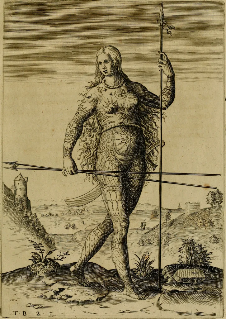 An illustration from Admiranda narratio fida tamen, de commodis et incolarvm ritibvs Virginiæ : nvper admodvm ab Anglis, qvi à Dn. Richardo Greinvile equestris ordinis viro eò in coloniam anno M.D. LXXXV. dedvcti svnt inventæ, svmtus faciente Dn. VValtero Raleigh equestris ordinis viro fodinarv stanni præfecto ex avctoritate serenissimæ reginæ Angliæ, 1590, leaf 114