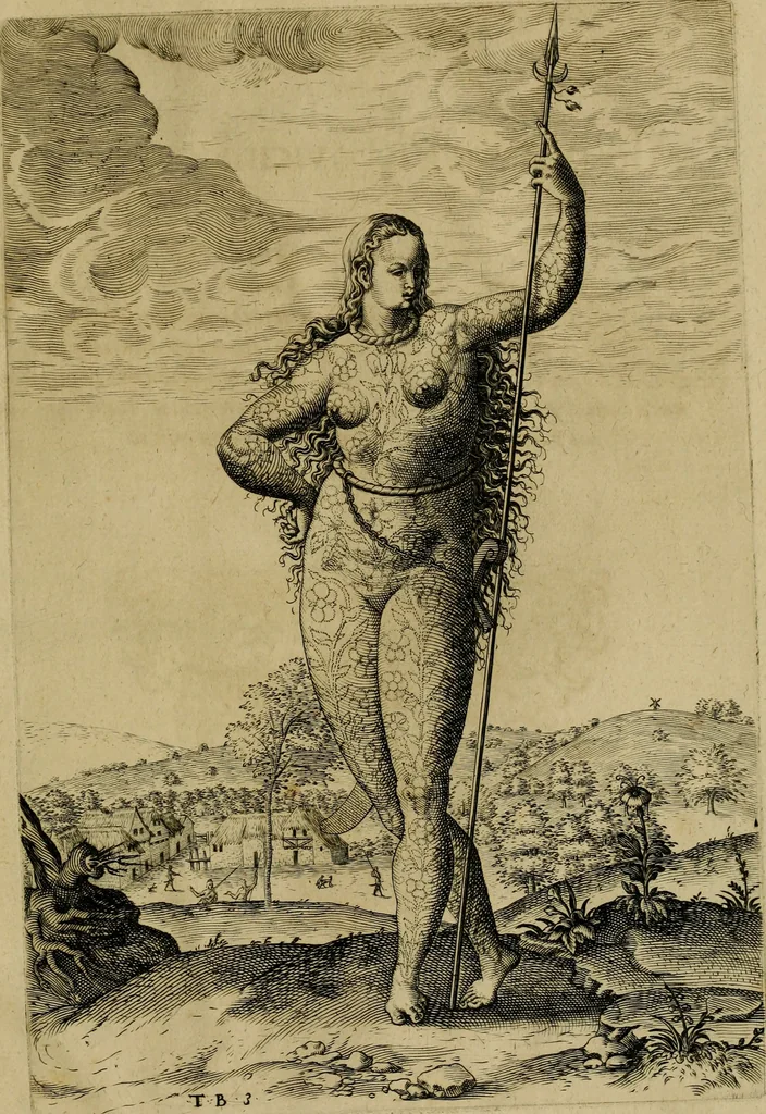 An illustration from Admiranda narratio fida tamen, de commodis et incolarvm ritibvs Virginiæ : nvper admodvm ab Anglis, qvi à Dn. Richardo Greinvile equestris ordinis viro eò in coloniam anno M.D. LXXXV. dedvcti svnt inventæ, svmtus faciente Dn. VValtero Raleigh equestris ordinis viro fodinarv stanni præfecto ex avctoritate serenissimæ reginæ Angliæ, 1590, leaf 118