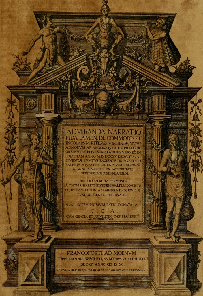 An illustration from Admiranda narratio fida tamen, de commodis et incolarvm ritibvs Virginiæ : nvper admodvm ab Anglis, qvi à Dn. Richardo Greinvile equestris ordinis viro eò in coloniam anno M.D. LXXXV. dedvcti svnt inventæ, svmtus faciente Dn. VValtero Raleigh equestris ordinis viro fodinarv stanni præfecto ex avctoritate serenissimæ reginæ Angliæ, 1590, leaf 4