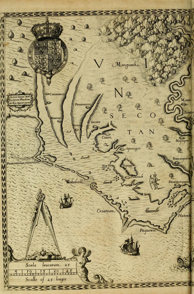 An illustration from Admiranda narratio fida tamen, de commodis et incolarvm ritibvs Virginiæ : nvper admodvm ab Anglis, qvi à Dn. Richardo Greinvile equestris ordinis viro eò in coloniam anno M.D. LXXXV. dedvcti svnt inventæ, svmtus faciente Dn. VValtero Raleigh equestris ordinis viro fodinarv stanni præfecto ex avctoritate serenissimæ reginæ Angliæ, 1590, leaf 47