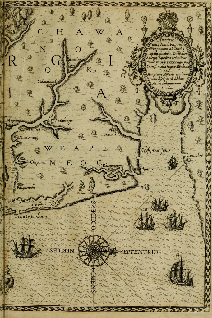 An illustration from Admiranda narratio fida tamen, de commodis et incolarvm ritibvs Virginiæ : nvper admodvm ab Anglis, qvi à Dn. Richardo Greinvile equestris ordinis viro eò in coloniam anno M.D. LXXXV. dedvcti svnt inventæ, svmtus faciente Dn. VValtero Raleigh equestris ordinis viro fodinarv stanni præfecto ex avctoritate serenissimæ reginæ Angliæ, 1590, leaf 48