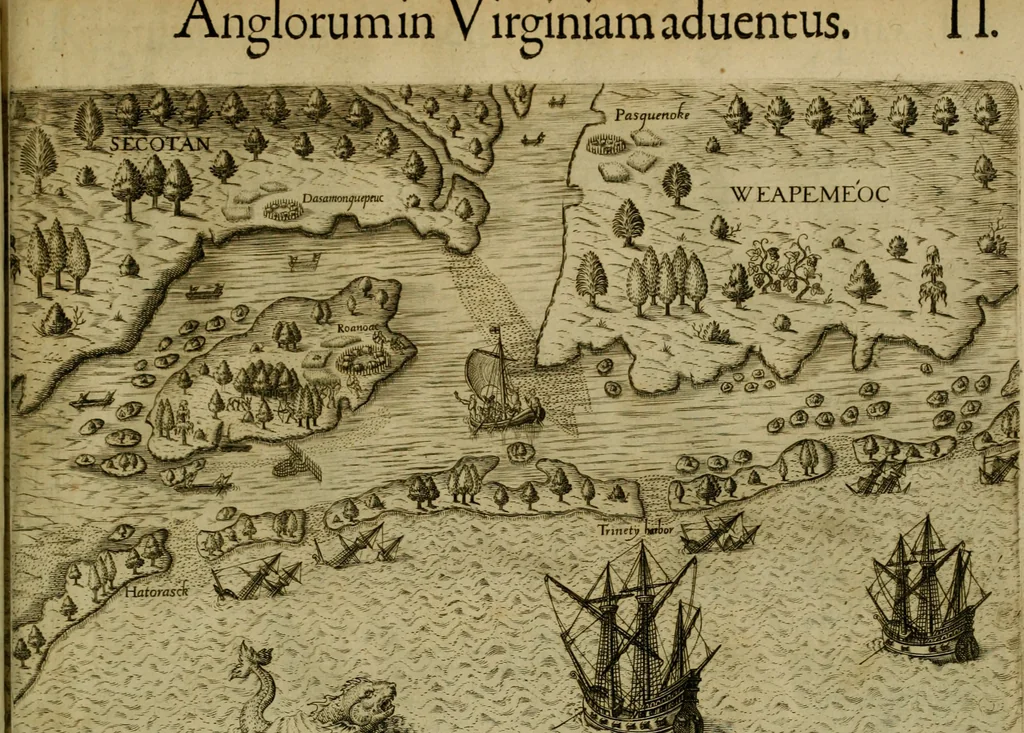 An illustration from Admiranda narratio fida tamen, de commodis et incolarvm ritibvs Virginiæ : nvper admodvm ab Anglis, qvi à Dn. Richardo Greinvile equestris ordinis viro eò in coloniam anno M.D. LXXXV. dedvcti svnt inventæ, svmtus faciente Dn. VValtero Raleigh equestris ordinis viro fodinarv stanni præfecto ex avctoritate serenissimæ reginæ Angliæ, 1590, leaf 50