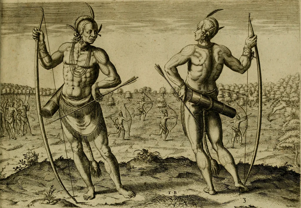 An illustration from Admiranda narratio fida tamen, de commodis et incolarvm ritibvs Virginiæ : nvper admodvm ab Anglis, qvi à Dn. Richardo Greinvile equestris ordinis viro eò in coloniam anno M.D. LXXXV. dedvcti svnt inventæ, svmtus faciente Dn. VValtero Raleigh equestris ordinis viro fodinarv stanni præfecto ex avctoritate serenissimæ reginæ Angliæ, 1590, leaf 52