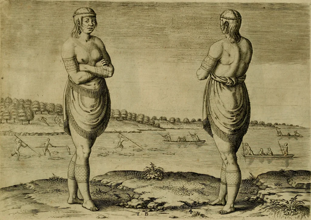 An illustration from Admiranda narratio fida tamen, de commodis et incolarvm ritibvs Virginiæ : nvper admodvm ab Anglis, qvi à Dn. Richardo Greinvile equestris ordinis viro eò in coloniam anno M.D. LXXXV. dedvcti svnt inventæ, svmtus faciente Dn. VValtero Raleigh equestris ordinis viro fodinarv stanni præfecto ex avctoritate serenissimæ reginæ Angliæ, 1590, leaf 54