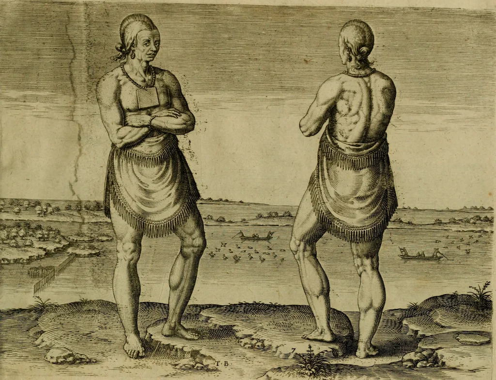 An illustration from Admiranda narratio fida tamen, de commodis et incolarvm ritibvs Virginiæ : nvper admodvm ab Anglis, qvi à Dn. Richardo Greinvile equestris ordinis viro eò in coloniam anno M.D. LXXXV. dedvcti svnt inventæ, svmtus faciente Dn. VValtero Raleigh equestris ordinis viro fodinarv stanni præfecto ex avctoritate serenissimæ reginæ Angliæ, 1590, leaf 60