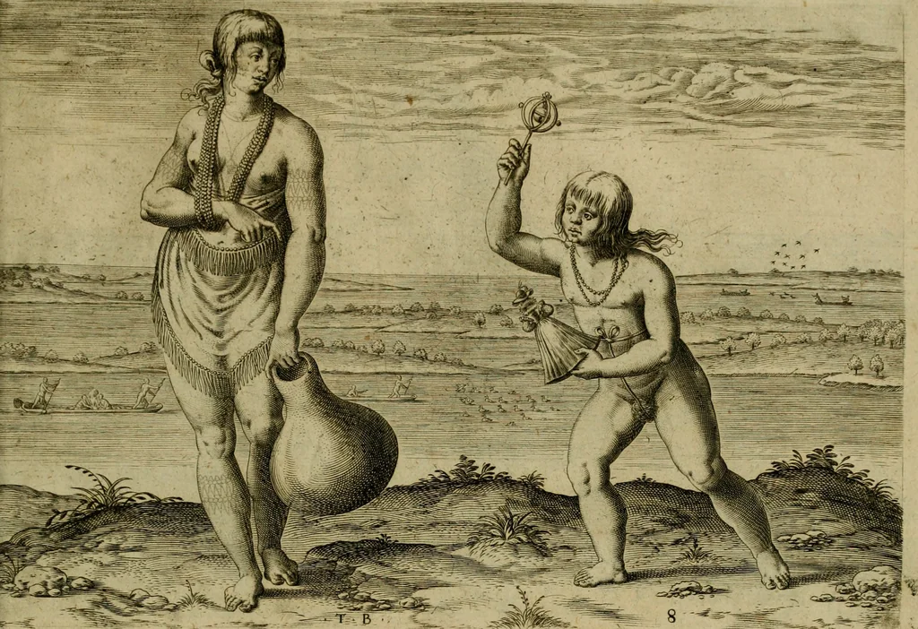 An illustration from Admiranda narratio fida tamen, de commodis et incolarvm ritibvs Virginiæ : nvper admodvm ab Anglis, qvi à Dn. Richardo Greinvile equestris ordinis viro eò in coloniam anno M.D. LXXXV. dedvcti svnt inventæ, svmtus faciente Dn. VValtero Raleigh equestris ordinis viro fodinarv stanni præfecto ex avctoritate serenissimæ reginæ Angliæ, 1590, leaf 62
