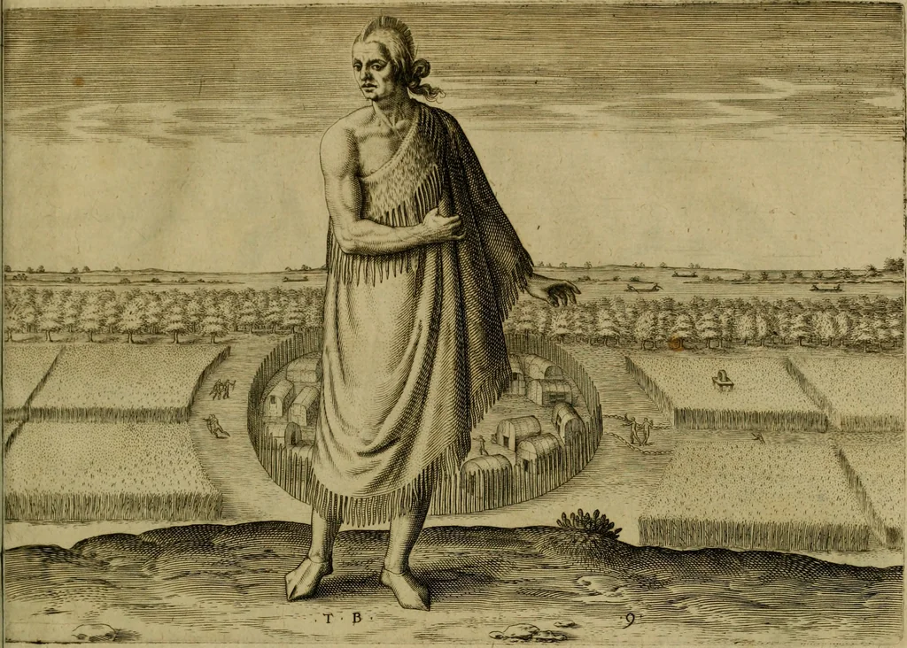 An illustration from Admiranda narratio fida tamen, de commodis et incolarvm ritibvs Virginiæ : nvper admodvm ab Anglis, qvi à Dn. Richardo Greinvile equestris ordinis viro eò in coloniam anno M.D. LXXXV. dedvcti svnt inventæ, svmtus faciente Dn. VValtero Raleigh equestris ordinis viro fodinarv stanni præfecto ex avctoritate serenissimæ reginæ Angliæ, 1590, leaf 64
