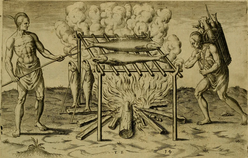 An illustration from Admiranda narratio fida tamen, de commodis et incolarvm ritibvs Virginiæ : nvper admodvm ab Anglis, qvi à Dn. Richardo Greinvile equestris ordinis viro eò in coloniam anno M.D. LXXXV. dedvcti svnt inventæ, svmtus faciente Dn. VValtero Raleigh equestris ordinis viro fodinarv stanni præfecto ex avctoritate serenissimæ reginæ Angliæ, 1590, leaf 76