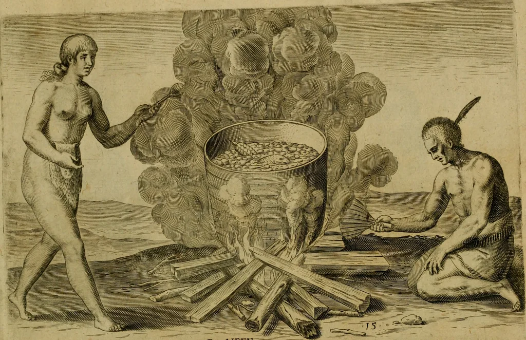 An illustration from Admiranda narratio fida tamen, de commodis et incolarvm ritibvs Virginiæ : nvper admodvm ab Anglis, qvi à Dn. Richardo Greinvile equestris ordinis viro eò in coloniam anno M.D. LXXXV. dedvcti svnt inventæ, svmtus faciente Dn. VValtero Raleigh equestris ordinis viro fodinarv stanni præfecto ex avctoritate serenissimæ reginæ Angliæ, 1590, leaf 78