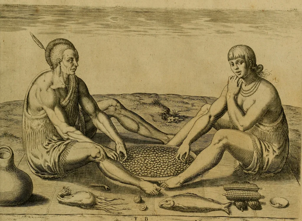 An illustration from Admiranda narratio fida tamen, de commodis et incolarvm ritibvs Virginiæ : nvper admodvm ab Anglis, qvi à Dn. Richardo Greinvile equestris ordinis viro eò in coloniam anno M.D. LXXXV. dedvcti svnt inventæ, svmtus faciente Dn. VValtero Raleigh equestris ordinis viro fodinarv stanni præfecto ex avctoritate serenissimæ reginæ Angliæ, 1590, leaf 80