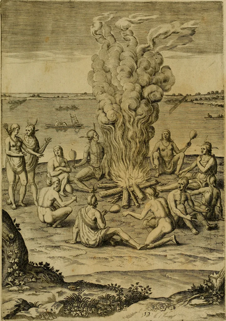 An illustration from Admiranda narratio fida tamen, de commodis et incolarvm ritibvs Virginiæ : nvper admodvm ab Anglis, qvi à Dn. Richardo Greinvile equestris ordinis viro eò in coloniam anno M.D. LXXXV. dedvcti svnt inventæ, svmtus faciente Dn. VValtero Raleigh equestris ordinis viro fodinarv stanni præfecto ex avctoritate serenissimæ reginæ Angliæ, 1590, leaf 84
