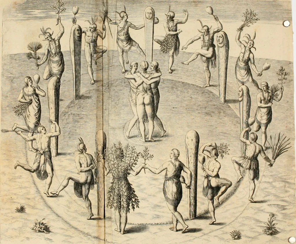 An illustration from Admiranda narratio fida tamen, de commodis et incolarvm ritibvs Virginiæ : nvper admodvm ab Anglis, qvi à Dn. Richardo Greinvile equestris ordinis viro eò in coloniam anno M.D. LXXXV. dedvcti svnt inventæ, svmtus faciente Dn. VValtero Raleigh equestris ordinis viro fodinarv stanni præfecto ex avctoritate serenissimæ reginæ Angliæ, 1590, leaf 88