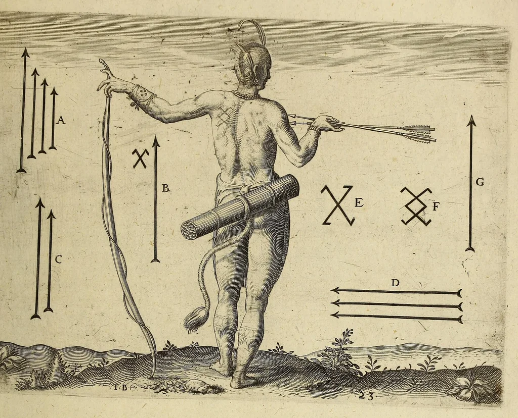 An illustration from Admiranda narratio fida tamen, de commodis et incolarum ritibus Virginiae, nuper admodum ab Anglis, qui à Dn. Richardo Greinvile equestris ordinis viro eò in coloniam anno M.D.LXXXV. : Deducti sunt inuentae, sumtus faciente Dn. VValtero Raleigh equestris ordinis viro fodinaru[m] stanni praefecto ex auctoritate serenissimae Reginae Angliae., 1608, leaf 105