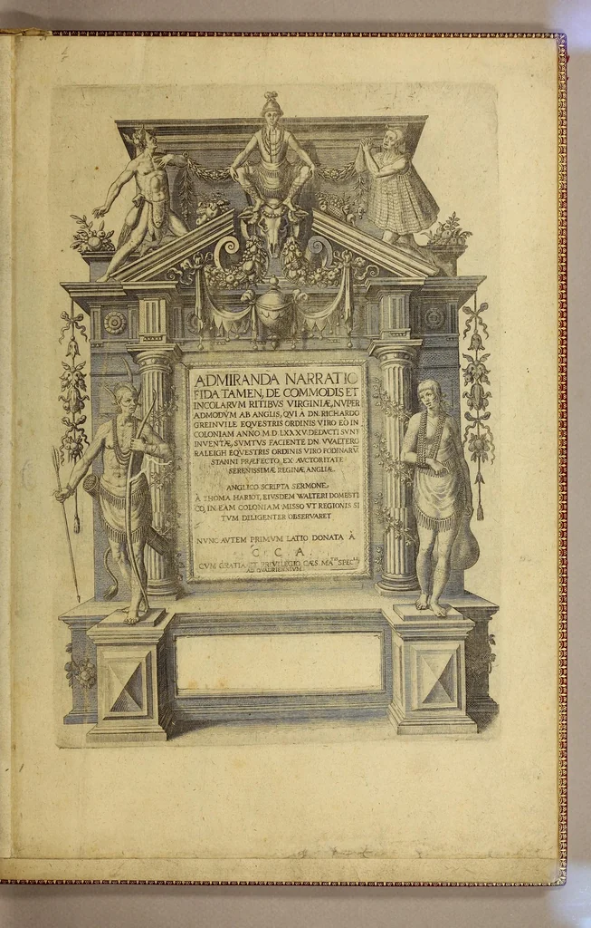 An illustration from Admiranda narratio fida tamen, de commodis et incolarum ritibus Virginiae, nuper admodum ab Anglis, qui à Dn. Richardo Greinvile equestris ordinis viro eò in coloniam anno M.D.LXXXV. : Deducti sunt inuentae, sumtus faciente Dn. VValtero Raleigh equestris ordinis viro fodinaru[m] stanni praefecto ex auctoritate serenissimae Reginae Angliae., 1608, leaf 7