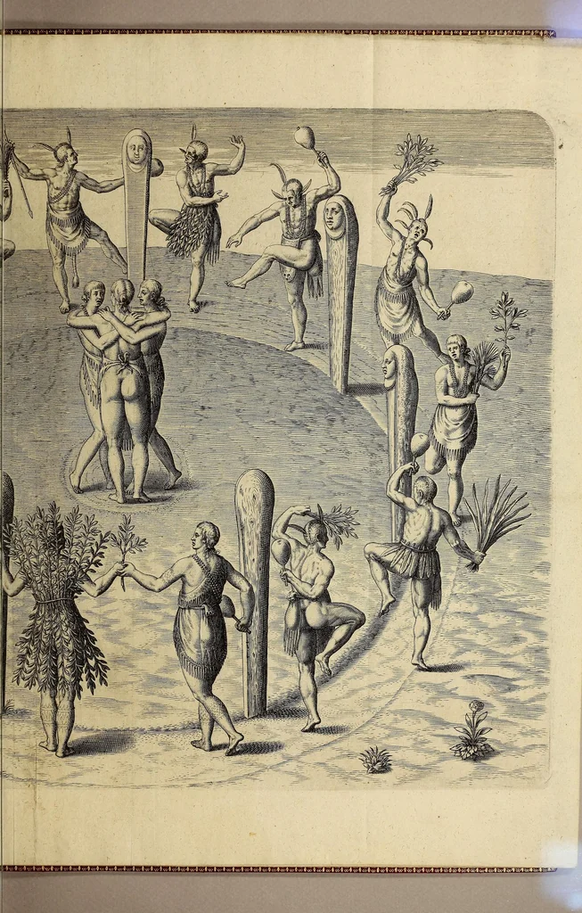 An illustration from Admiranda narratio fida tamen, de commodis et incolarum ritibus Virginiae, nuper admodum ab Anglis, qui à Dn. Richardo Greinvile equestris ordinis viro eò in coloniam anno M.D.LXXXV. : Deducti sunt inuentae, sumtus faciente Dn. VValtero Raleigh equestris ordinis viro fodinaru[m] stanni praefecto ex auctoritate serenissimae Reginae Angliae., 1608, leaf 93