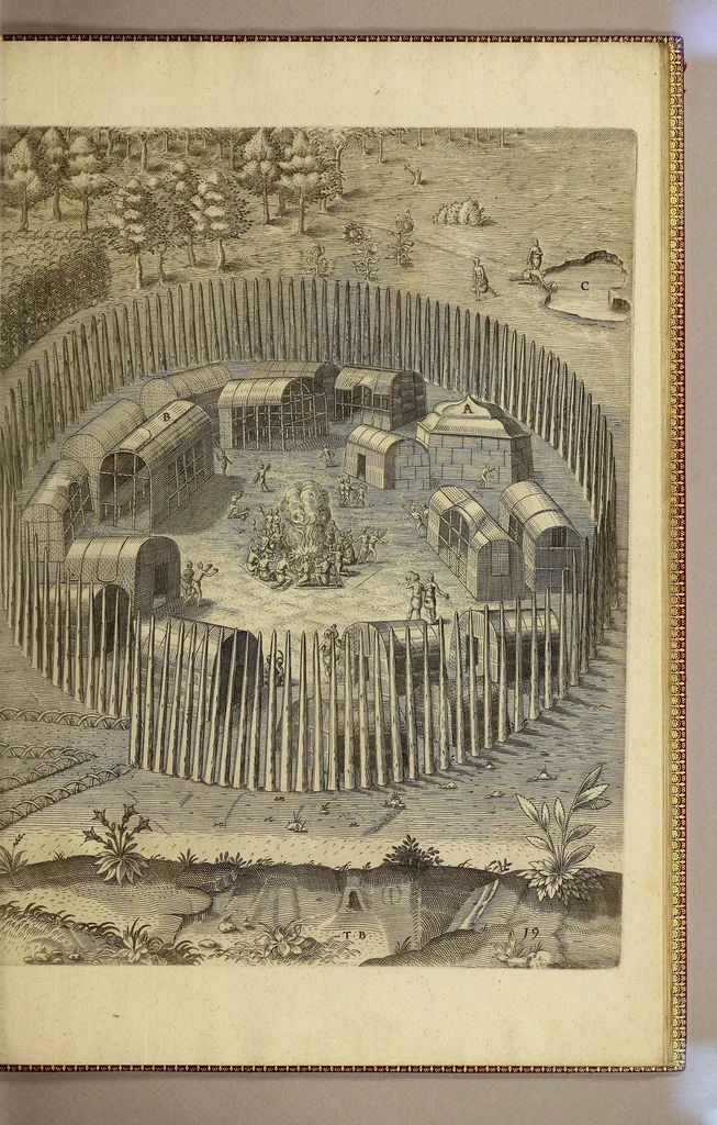 An illustration from Admiranda narratio fida tamen, de commodis et incolarum ritibus Virginiae, nuper admodum ab Anglis, qui à Dn. Richardo Greinvile equestris ordinis viro eò in coloniam anno M.D.LXXXV. : Deducti sunt inuentae, sumtus faciente Dn. VValtero Raleigh equestris ordinis viro fodinaru[m] stanni praefecto ex auctoritate serenissimae Reginae Angliae., 1608, leaf 97