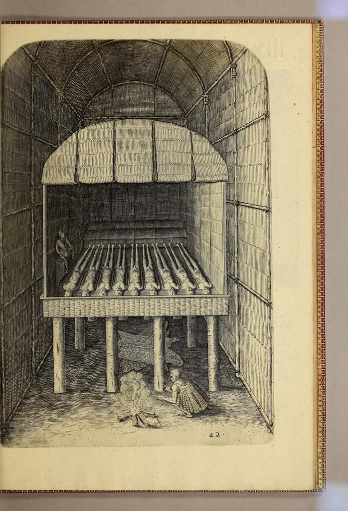An illustration from Admiranda narratio fida tamen, de commodis et incolarum ritibus Virginiae, nuper admodum ab Anglis, qui à Dn. Richardo Greinvile equestris ordinis viro eò in coloniam anno M.D.LXXXV. : Deducti sunt inuentae, sumtus faciente Dn. VValtero Raleigh equestris ordinis viro fodinaru[m] stanni praefecto ex auctoritate serenissimae Reginae Angliae., 1590, leaf 105