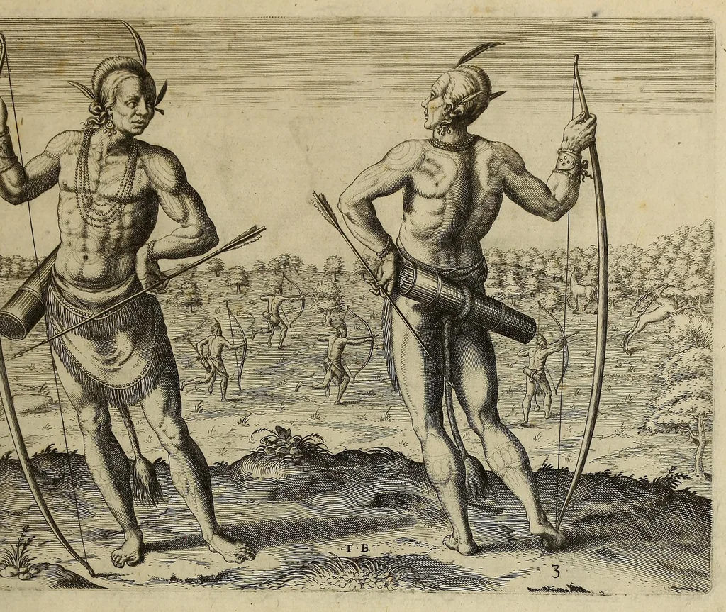 An illustration from Admiranda narratio fida tamen, de commodis et incolarum ritibus Virginiae, nuper admodum ab Anglis, qui à Dn. Richardo Greinvile equestris ordinis viro eò in coloniam anno M.D.LXXXV. : Deducti sunt inuentae, sumtus faciente Dn. VValtero Raleigh equestris ordinis viro fodinaru[m] stanni praefecto ex auctoritate serenissimae Reginae Angliae., 1590, leaf 55