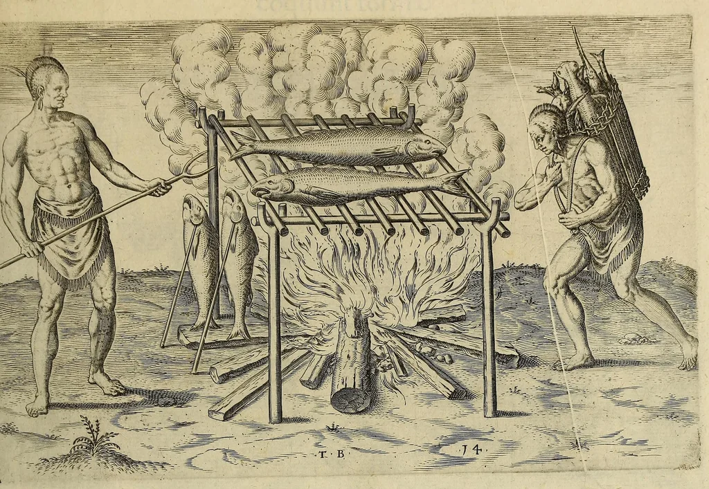 An illustration from Admiranda narratio fida tamen, de commodis et incolarum ritibus Virginiae, nuper admodum ab Anglis, qui à Dn. Richardo Greinvile equestris ordinis viro eò in coloniam anno M.D.LXXXV. : Deducti sunt inuentae, sumtus faciente Dn. VValtero Raleigh equestris ordinis viro fodinaru[m] stanni praefecto ex auctoritate serenissimae Reginae Angliae., 1590, leaf 79