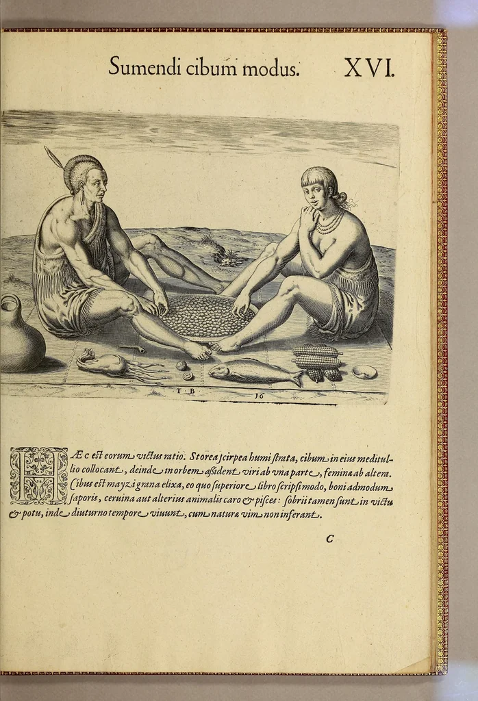 An illustration from Admiranda narratio fida tamen, de commodis et incolarum ritibus Virginiae, nuper admodum ab Anglis, qui à Dn. Richardo Greinvile equestris ordinis viro eò in coloniam anno M.D.LXXXV. : Deducti sunt inuentae, sumtus faciente Dn. VValtero Raleigh equestris ordinis viro fodinaru[m] stanni praefecto ex auctoritate serenissimae Reginae Angliae., 1590, leaf 83
