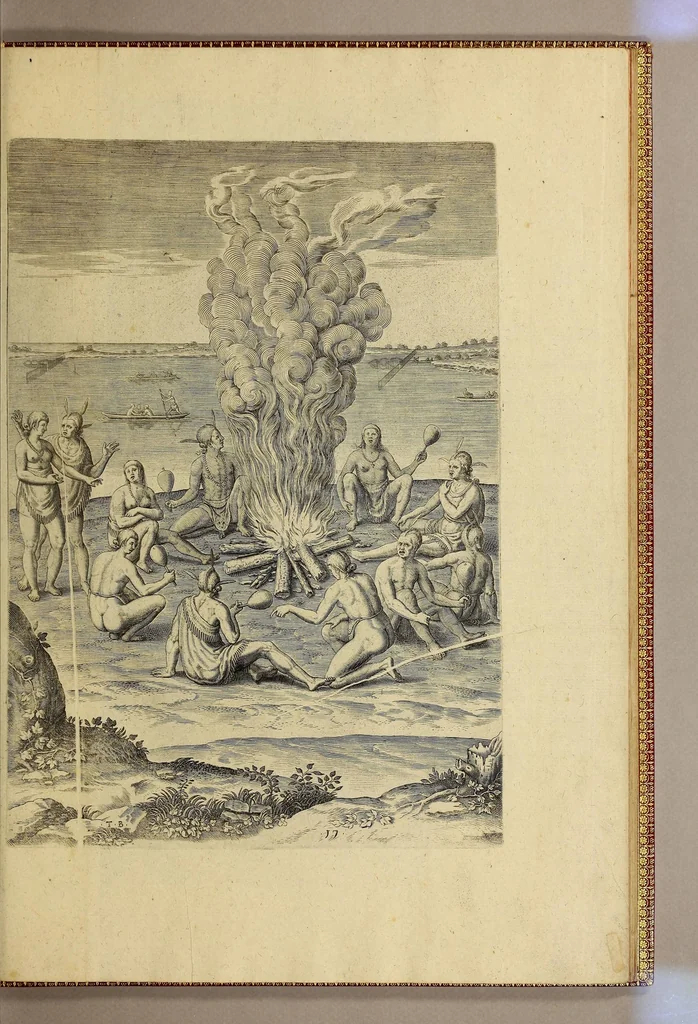An illustration from Admiranda narratio fida tamen, de commodis et incolarum ritibus Virginiae, nuper admodum ab Anglis, qui à Dn. Richardo Greinvile equestris ordinis viro eò in coloniam anno M.D.LXXXV. : Deducti sunt inuentae, sumtus faciente Dn. VValtero Raleigh equestris ordinis viro fodinaru[m] stanni praefecto ex auctoritate serenissimae Reginae Angliae., 1590, leaf 87