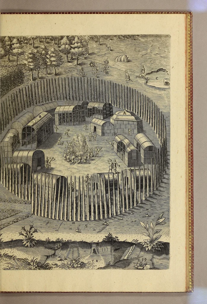 An illustration from Admiranda narratio fida tamen, de commodis et incolarum ritibus Virginiae, nuper admodum ab Anglis, qui à Dn. Richardo Greinvile equestris ordinis viro eò in coloniam anno M.D.LXXXV. : Deducti sunt inuentae, sumtus faciente Dn. VValtero Raleigh equestris ordinis viro fodinaru[m] stanni praefecto ex auctoritate serenissimae Reginae Angliae., 1590, leaf 95