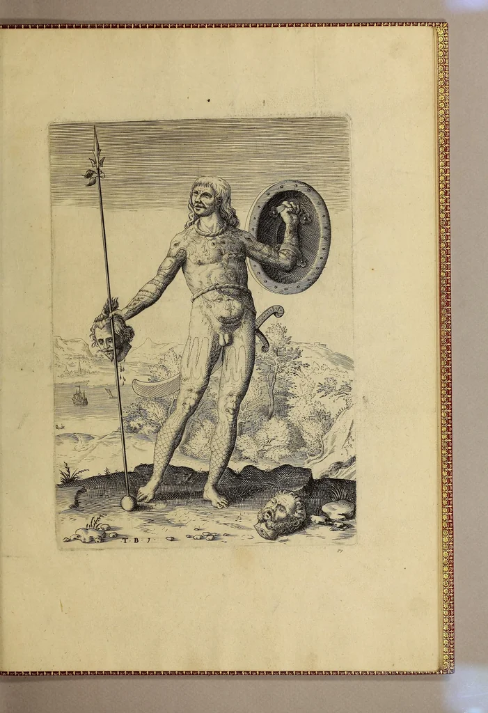 An illustration from Admiranda narratio fida tamen, de commodis et incolarum ritibus Virginiae, nuper admodum ab Anglis, qui à Dn. Richardo Greinvile equestris ordinis viro eò in coloniam anno M.D.LXXXV. : Deducti sunt inuentae, sumtus faciente Dn. VValtero Raleigh equestris ordinis viro fodinaru[m] stanni praefecto ex auctoritate serenissimae Reginae Angliae., 1590, leaf 111
