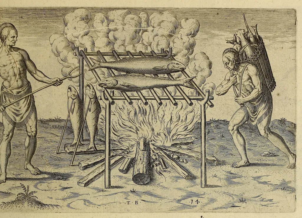An illustration from Admiranda narratio fida tamen, de commodis et incolarum ritibus Virginiae, nuper admodum ab Anglis, qui à Dn. Richardo Greinvile equestris ordinis viro eò in coloniam anno M.D.LXXXV. : Deducti sunt inuentae, sumtus faciente Dn. VValtero Raleigh equestris ordinis viro fodinaru[m] stanni praefecto ex auctoritate serenissimae Reginae Angliae., 1590, leaf 79