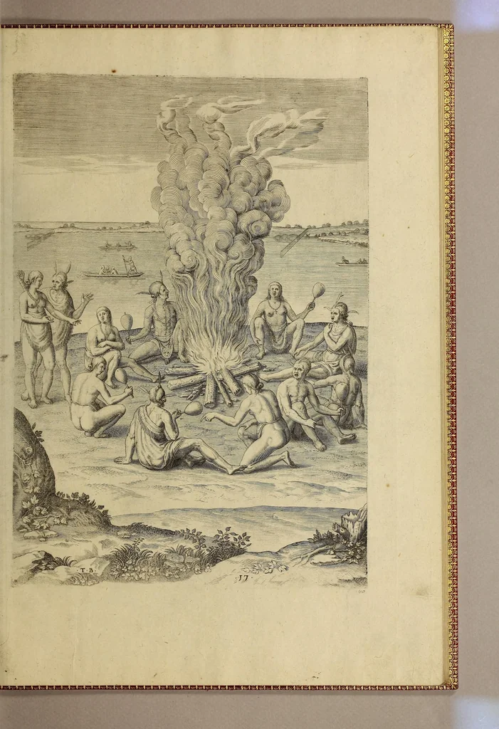 An illustration from Admiranda narratio fida tamen, de commodis et incolarum ritibus Virginiae, nuper admodum ab Anglis, qui à Dn. Richardo Greinvile equestris ordinis viro eò in coloniam anno M.D.LXXXV. : Deducti sunt inuentae, sumtus faciente Dn. VValtero Raleigh equestris ordinis viro fodinaru[m] stanni praefecto ex auctoritate serenissimae Reginae Angliae., 1590, leaf 87