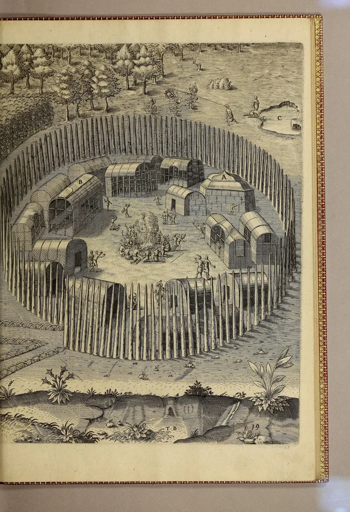 An illustration from Admiranda narratio fida tamen, de commodis et incolarum ritibus Virginiae, nuper admodum ab Anglis, qui à Dn. Richardo Greinvile equestris ordinis viro eò in coloniam anno M.D.LXXXV. : Deducti sunt inuentae, sumtus faciente Dn. VValtero Raleigh equestris ordinis viro fodinaru[m] stanni praefecto ex auctoritate serenissimae Reginae Angliae., 1590, leaf 95