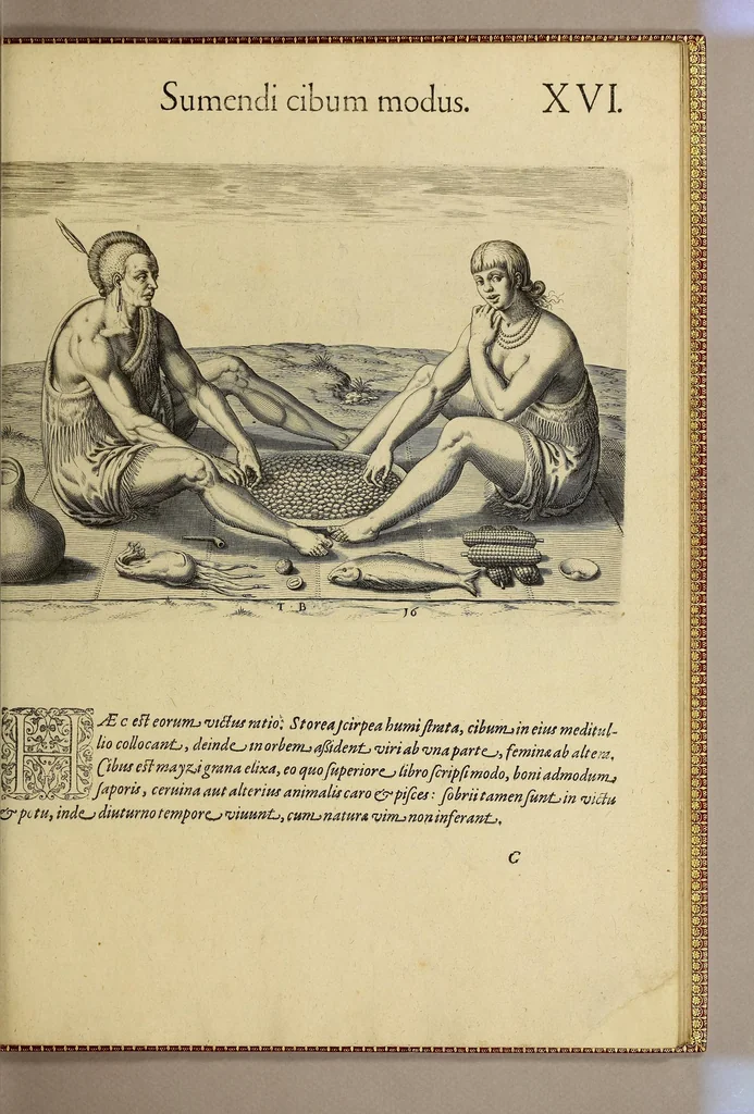 An illustration from Admiranda narratio fida tamen, de commodis et incolarum ritibus Virginiae, nuper admodum ab Anglis, qui à Dn. Richardo Greinvile equestris ordinis viro eò in coloniam anno M.D.LXXXV. : Deducti sunt inuentae, sumtus faciente Dn. VValtero Raleigh equestris ordinis viro fodinaru[m] stanni praefecto ex authoritate serenissimae Reginae Angliae., 1590, leaf 83