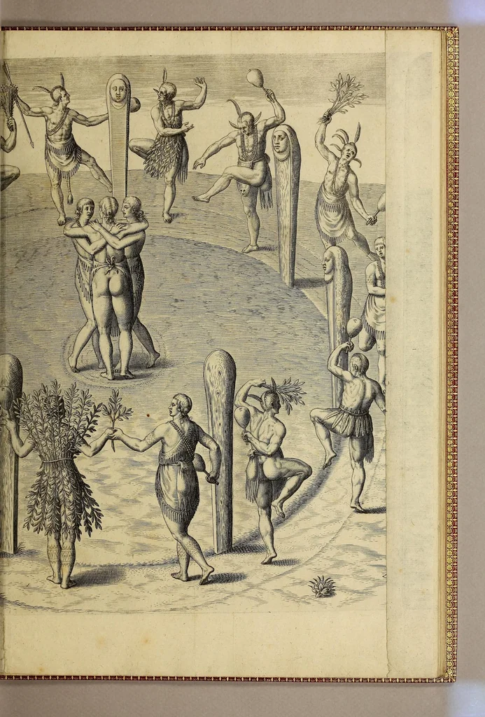 An illustration from Admiranda narratio fida tamen, de commodis et incolarum ritibus Virginiae, nuper admodum ab Anglis, qui à Dn. Richardo Greinvile equestris ordinis viro eò in coloniam anno M.D.LXXXV. : Deducti sunt inuentae, sumtus faciente Dn. VValtero Raleigh equestris ordinis viro fodinaru[m] stanni praefecto ex authoritate serenissimae Reginae Angliae., 1590, leaf 91