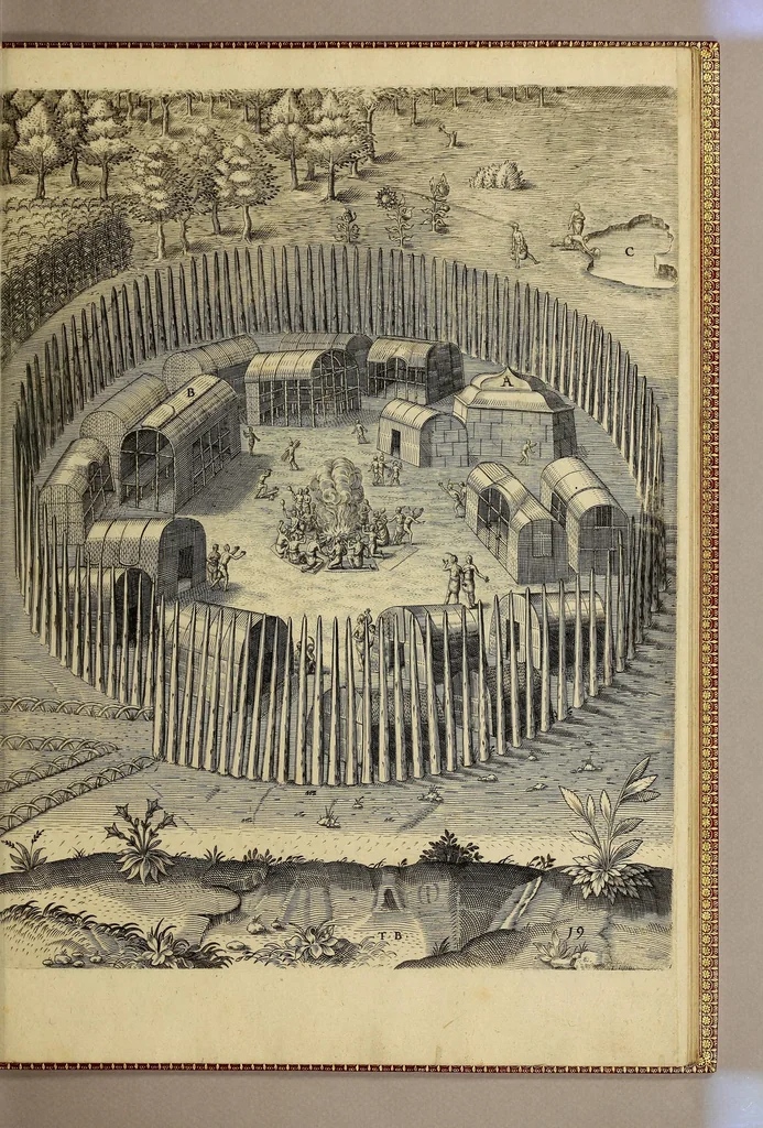 An illustration from Admiranda narratio fida tamen, de commodis et incolarum ritibus Virginiae, nuper admodum ab Anglis, qui à Dn. Richardo Greinvile equestris ordinis viro eò in coloniam anno M.D.LXXXV. : Deducti sunt inuentae, sumtus faciente Dn. VValtero Raleigh equestris ordinis viro fodinaru[m] stanni praefecto ex authoritate serenissimae Reginae Angliae., 1590, leaf 95