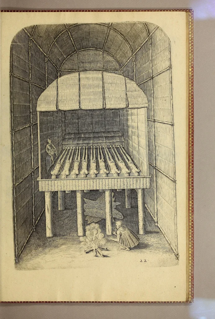 An illustration from Admiranda narratio fida tamen, de commodis et incolarum ritibus Virginiae, nuper admodum ab Anglis, qui à Dn. Richardo Greinvile equestris ordinis viro eò in coloniam anno M.D.LXXXV. : Deducti sunt inuentae, sumtus faciente Dn. VValtero Raleigh equestris ordinis viro fodinaru[m] stanni praefecto ex auctoritate serenissimae Reginae Angliae., 1608, leaf 105