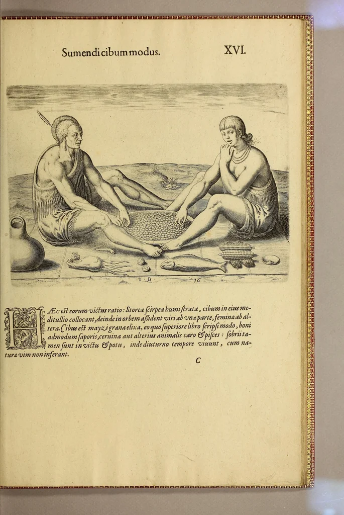 An illustration from Admiranda narratio fida tamen, de commodis et incolarum ritibus Virginiae, nuper admodum ab Anglis, qui à Dn. Richardo Greinvile equestris ordinis viro eò in coloniam anno M.D.LXXXV. : Deducti sunt inuentae, sumtus faciente Dn. VValtero Raleigh equestris ordinis viro fodinaru[m] stanni praefecto ex auctoritate serenissimae Reginae Angliae., 1608, leaf 85