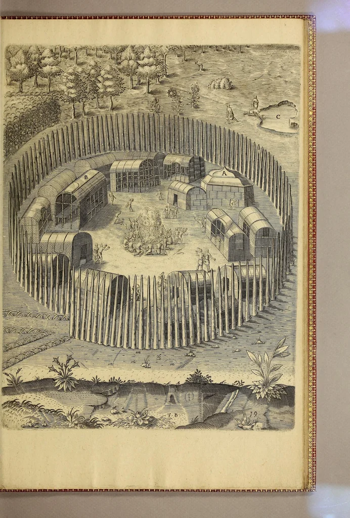 An illustration from Admiranda narratio fida tamen, de commodis et incolarum ritibus Virginiae, nuper admodum ab Anglis, qui à Dn. Richardo Greinvile equestris ordinis viro eò in coloniam anno M.D.LXXXV. : Deducti sunt inuentae, sumtus faciente Dn. VValtero Raleigh equestris ordinis viro fodinaru[m] stanni praefecto ex auctoritate serenissimae Reginae Angliae., 1608, leaf 95