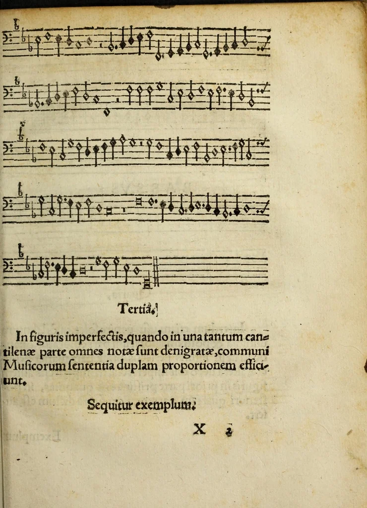 An illustration from Ad musicam practicam introductio : non modo praecepta, sed exempla quoque ad usum puerorum accommodata, quam brevissime continens, 1550, leaf 173
