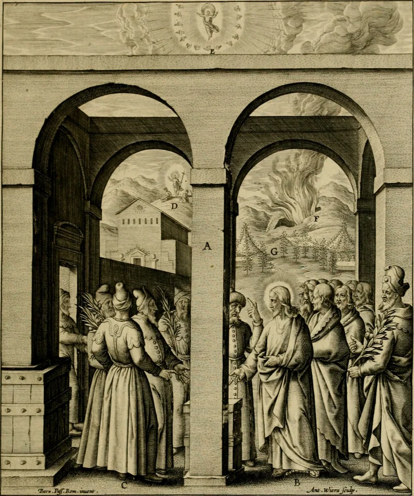 An illustration from Adnotationes et meditationes in Evangelia qvae in sacrosancto Missae sacrificio toto anno legvntur : cum Evangeliorvm concordantia historiae integritati sufficienti : accessit & index historiam ipsam euangelicam in ordinem temporis vitae Christi distribuens, 1595, leaf 196