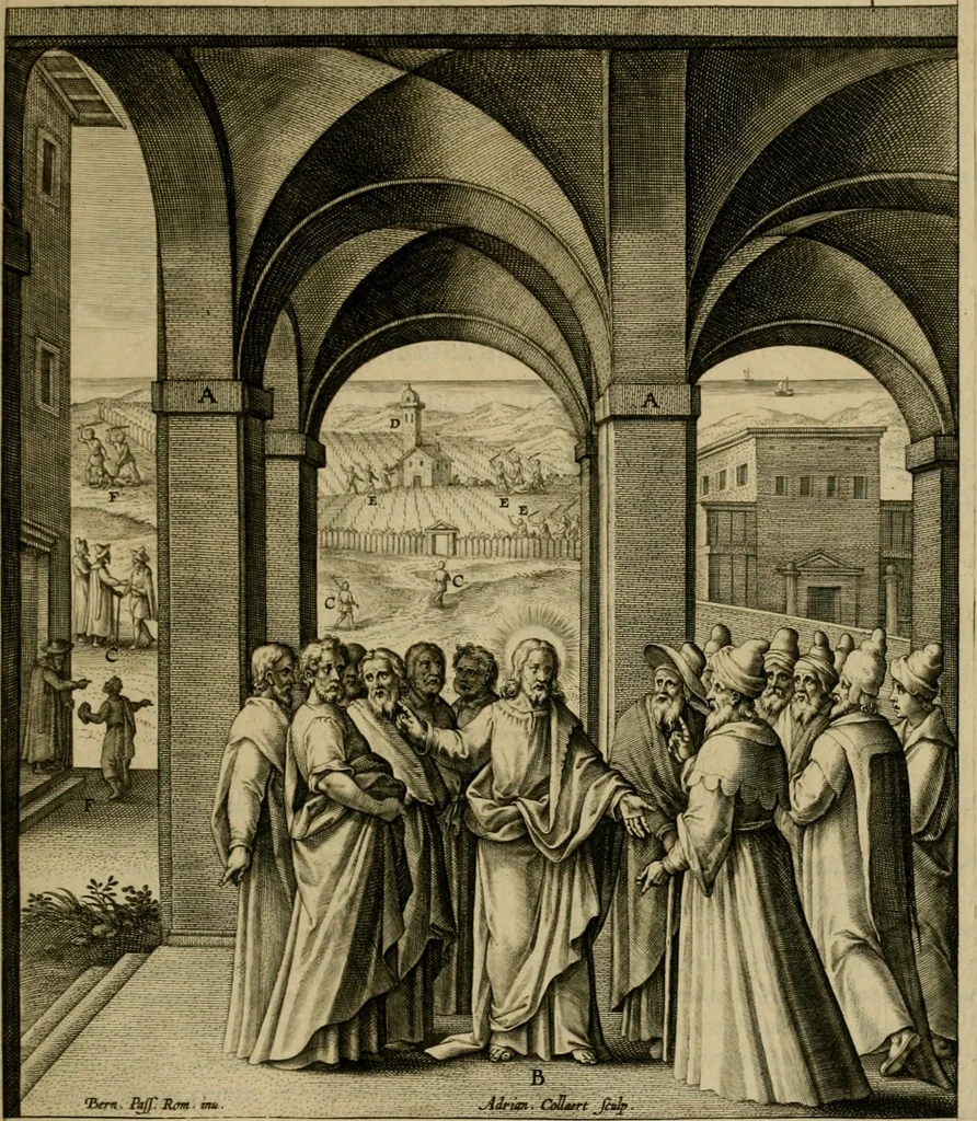An illustration from Adnotationes et meditationes in Evangelia qvae in sacrosancto Missae sacrificio toto anno legvntur : cum Evangeliorvm concordantia historiae integritati sufficienti : accessit & index historiam ipsam euangelicam in ordinem temporis vitae Christi distribuens, 1595, leaf 222