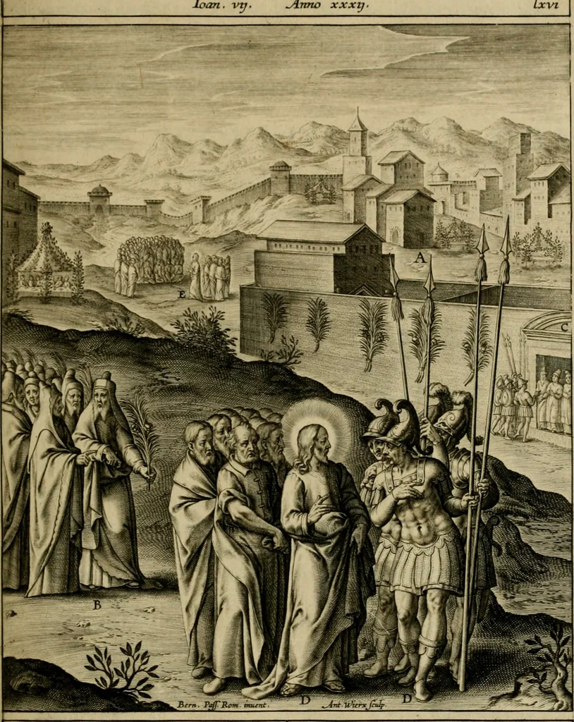 An illustration from Adnotationes et meditationes in Evangelia qvae in sacrosancto Missae sacrificio toto anno legvntur : cum Evangeliorvm concordantia historiae integritati sufficienti : accessit & index historiam ipsam euangelicam in ordinem temporis vitae Christi distribuens, 1595, leaf 336