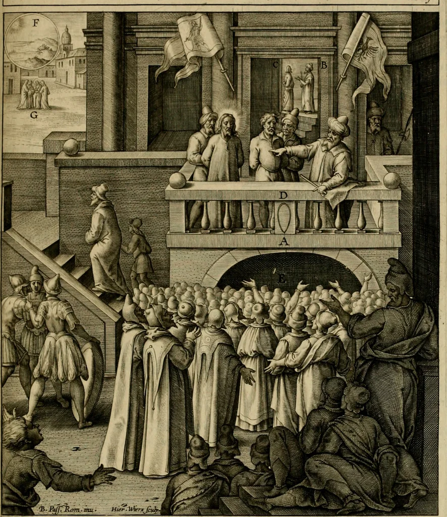 An illustration from Adnotationes et meditationes in Evangelia qvae in sacrosancto Missae sacrificio toto anno legvntur : cum Evangeliorvm concordantia historiae integritati sufficienti : accessit & index historiam ipsam euangelicam in ordinem temporis vitae Christi distribuens, 1595, leaf 486