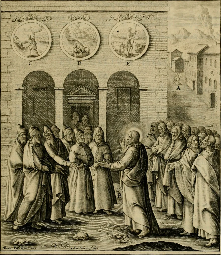 An illustration from Adnotationes et meditationes in Evangelia qvae in sacrosancto Missae sacrificio toto anno legvntur : cum Evangeliorvm concordantia historiae integritati sufficienti : accessit & index historiam ipsam euangelicam in ordinem temporis vitae Christi distribuens, 1595, leaf 694