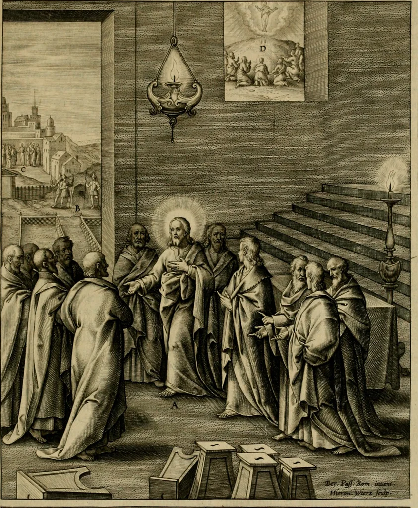 An illustration from Adnotationes et meditationes in Evangelia qvae in sacrosancto Missae sacrificio toto anno legvntur : cum Evangeliorvm concordantia historiae integritati sufficienti : accessit & index historiam ipsam euangelicam in ordinem temporis vitae Christi distribuens, 1595, leaf 700